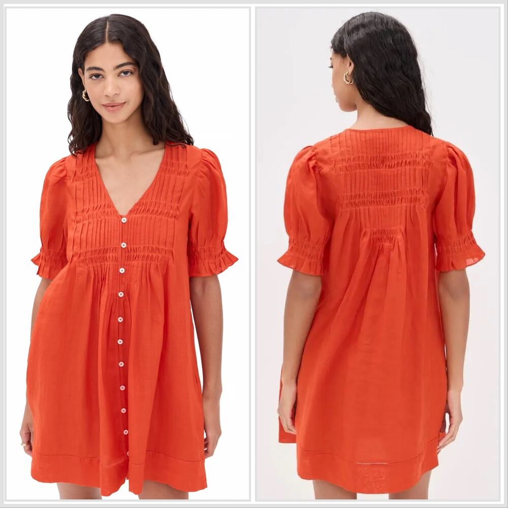 Sea New York Orange Button-Front Midi Dress